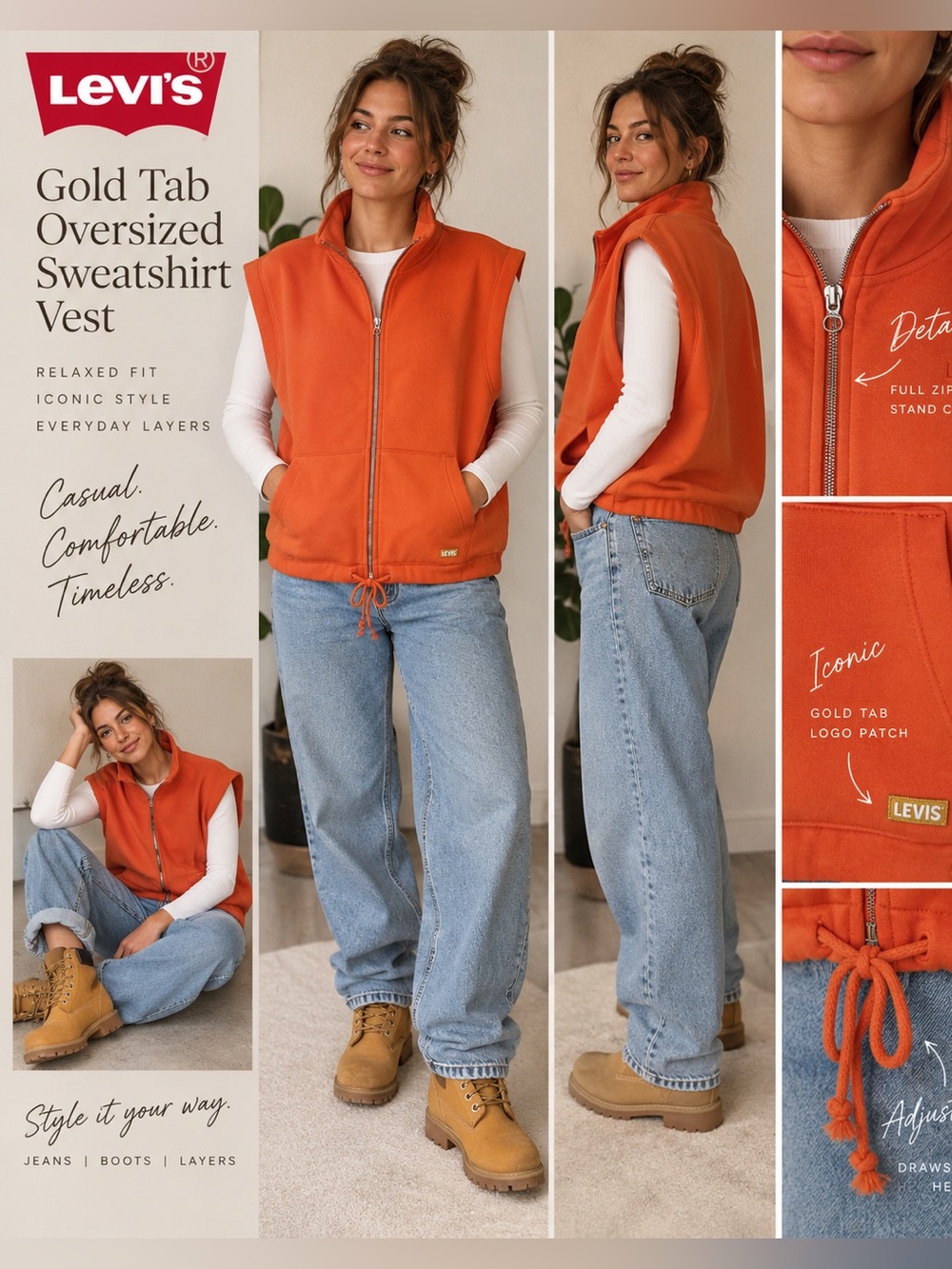 NWT Levi’s Gold Tab Orange Oversized Zip Sweatshirt Vest S 🎥